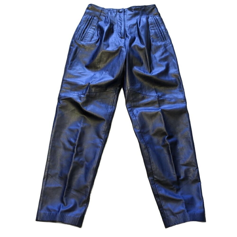 Vintage Lord & Taylor Pleated Navy Blue Leather Pants Tapered 90s Y2K Women's 4
